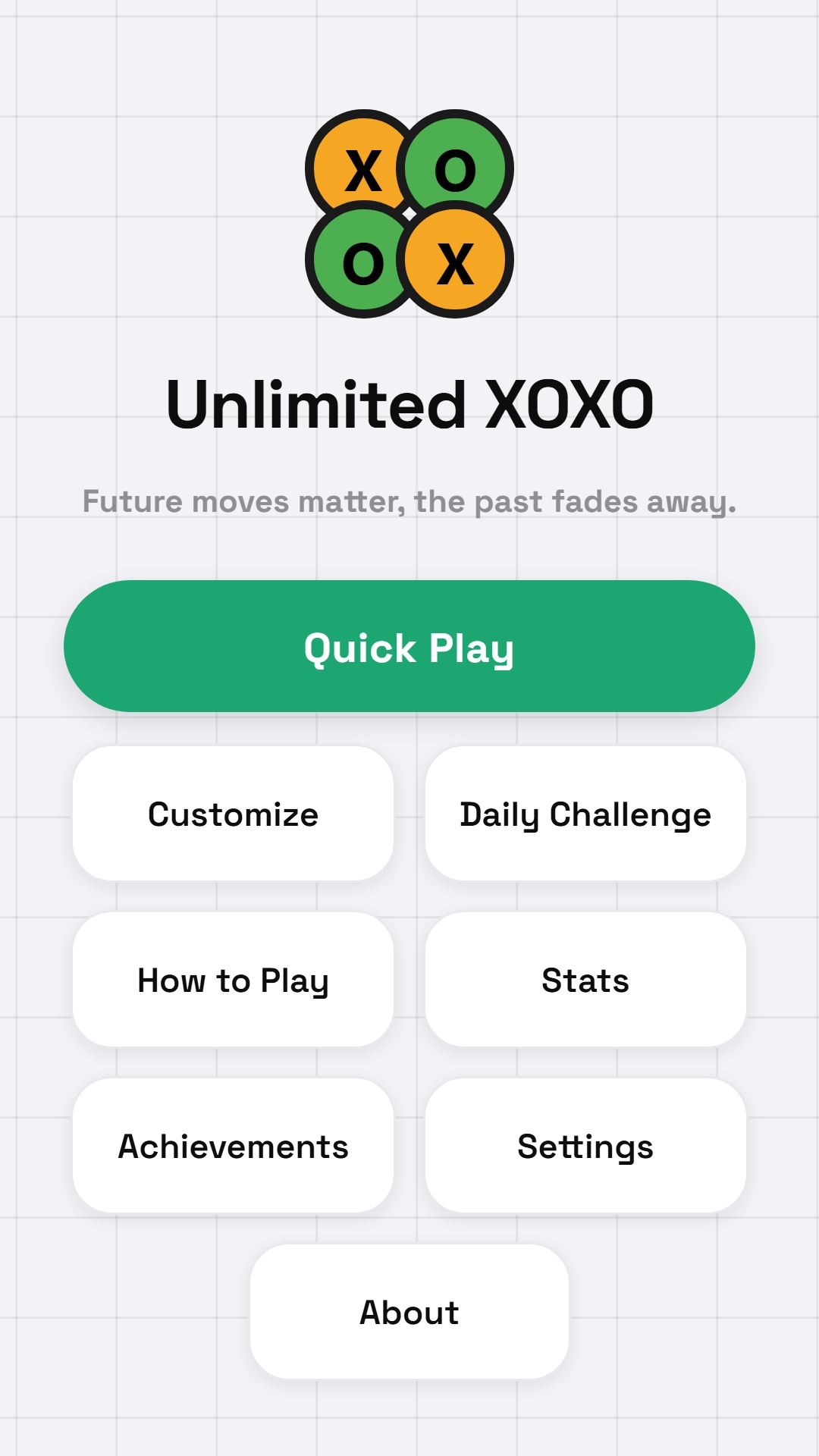 Unlimited XOXO home screen with Quick Play, Customize, Daily Challenge, and Stats